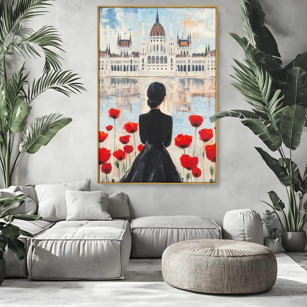Tablou Canvas Premium, LuxCanva® G1120, Vis la Budapesta, Maci, Flori, Palat, Oras, Dunare, Rosu, Visare, Tacere, Femeie, Living, Dormitor