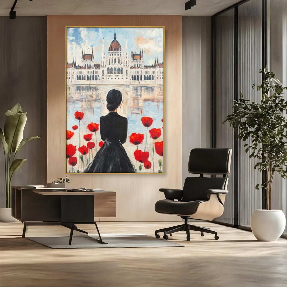Tablou Canvas Premium, LuxCanva® G1120, Vis la Budapesta, Maci, Flori, Palat, Oras, Dunare, Rosu, Visare, Tacere, Femeie, Living, Dormitor