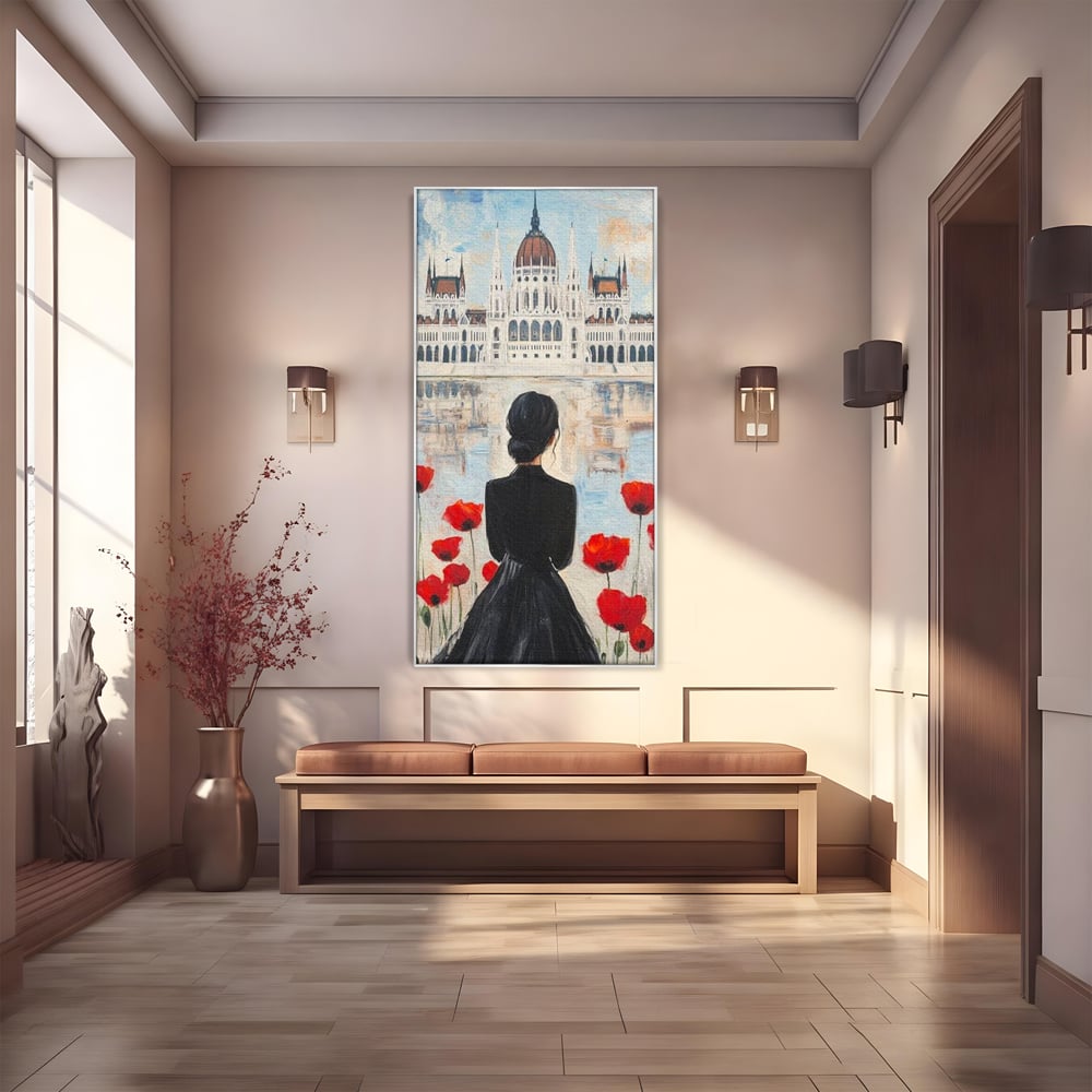 Tablou Canvas Premium, LuxCanva® G1120, Vis la Budapesta, Maci, Flori, Palat, Oras, Dunare, Rosu, Visare, Tacere, Femeie, Living, Dormitor