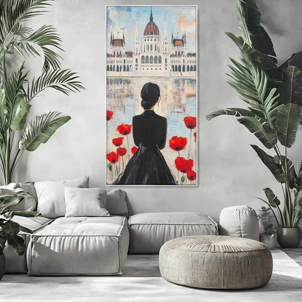 Tablou Canvas Premium, LuxCanva® G1120, Vis la Budapesta, Maci, Flori, Palat, Oras, Dunare, Rosu, Visare, Tacere, Femeie, Living, Dormitor