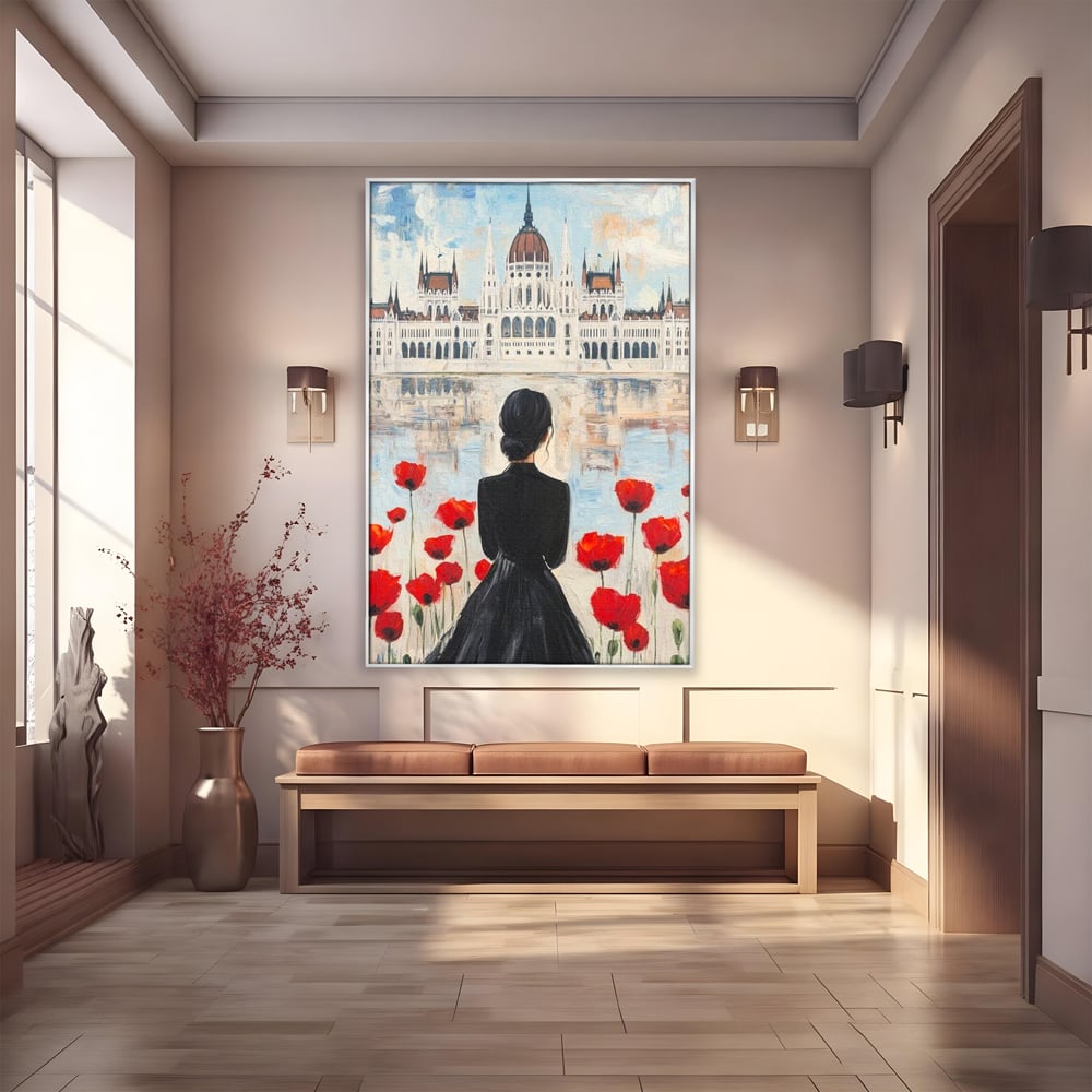 Tablou Canvas Premium, LuxCanva® G1120, Vis la Budapesta, Maci, Flori, Palat, Oras, Dunare, Rosu, Visare, Tacere, Femeie, Living, Dormitor