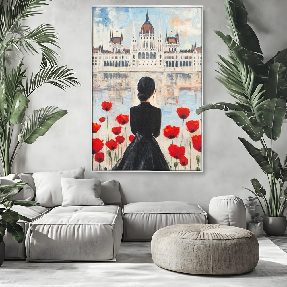 Tablou Canvas Premium, LuxCanva® G1120, Vis la Budapesta, Maci, Flori, Palat, Oras, Dunare, Rosu, Visare, Tacere, Femeie, Living, Dormitor