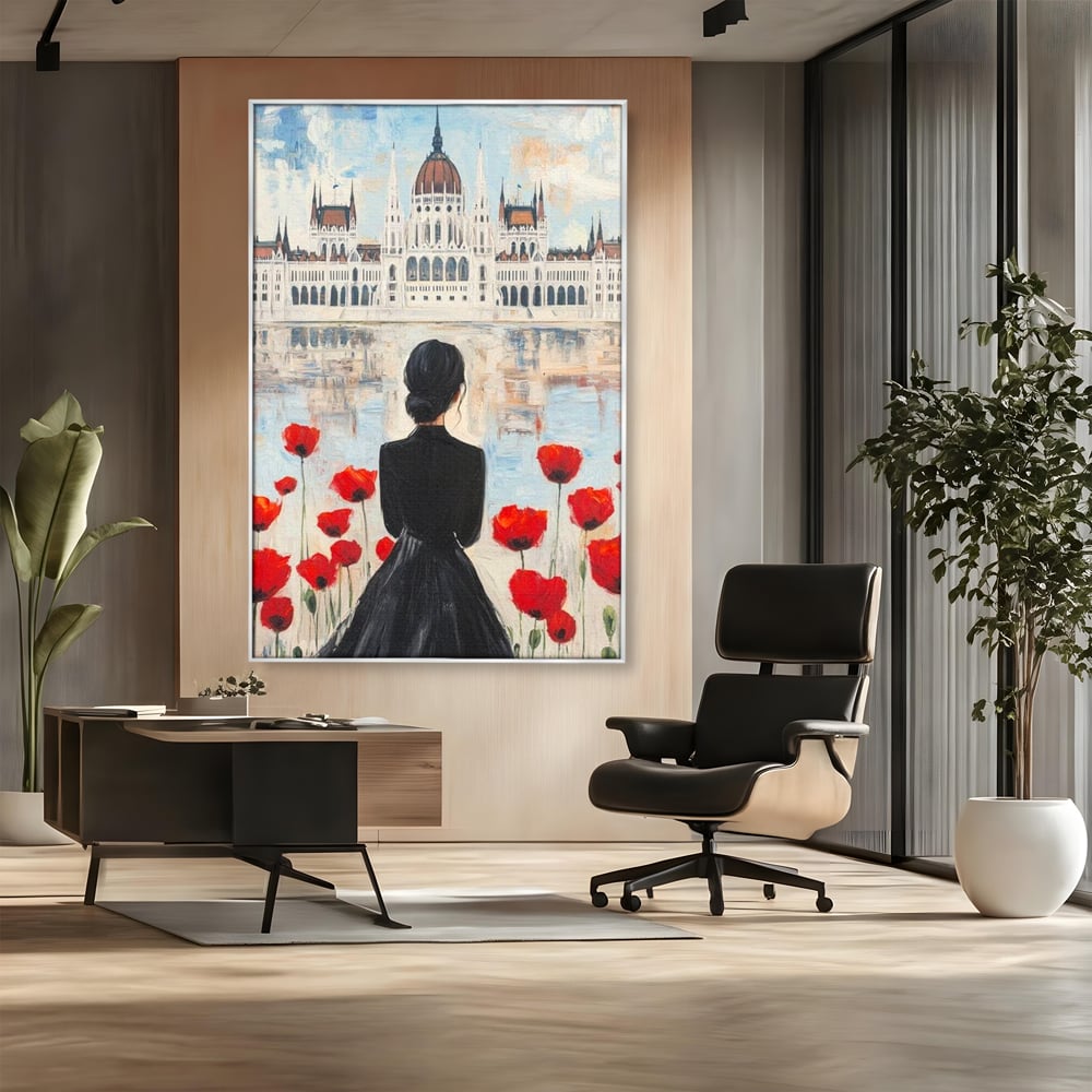 Tablou Canvas Premium, LuxCanva® G1120, Vis la Budapesta, Maci, Flori, Palat, Oras, Dunare, Rosu, Visare, Tacere, Femeie, Living, Dormitor