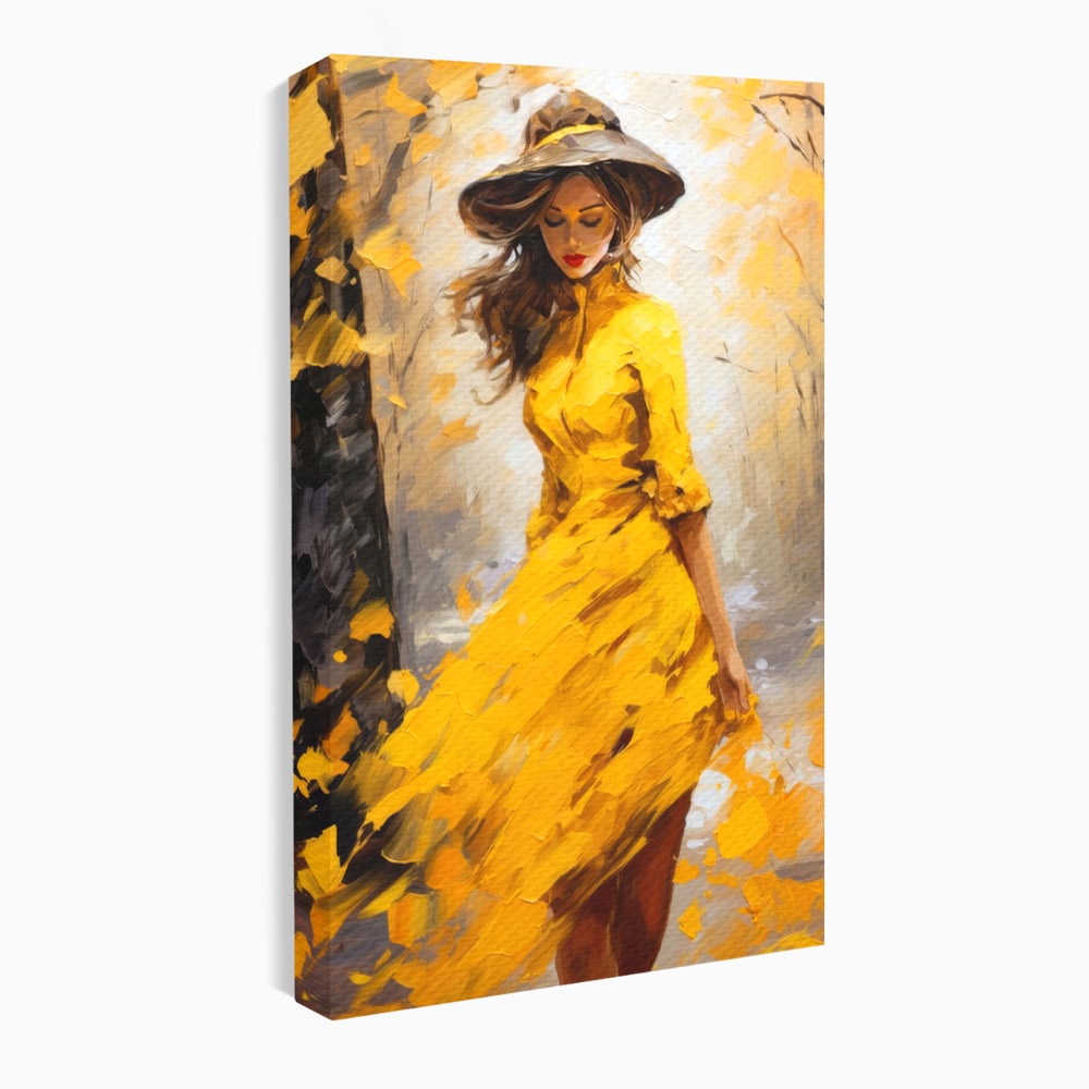 Tablou Canvas Premium, LuxCanva® G1121, Plimbare Prin Amintiri, Frunze, Galben, Toamna, Vant, Palarie, Vise, Eleganta, Natura, Romantism, Living, Dormitor