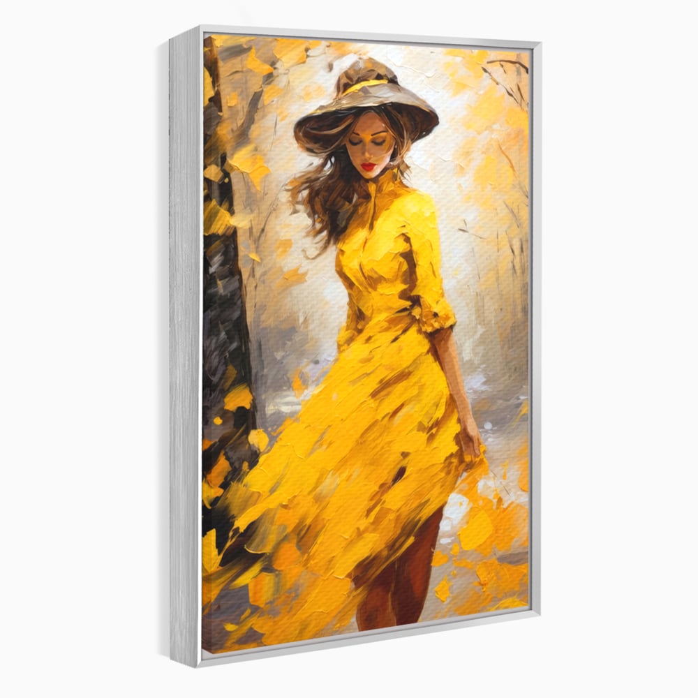 Tablou Canvas Premium, LuxCanva® G1121, Plimbare Prin Amintiri, Frunze, Galben, Toamna, Vant, Palarie, Vise, Eleganta, Natura, Romantism, Living, Dormitor