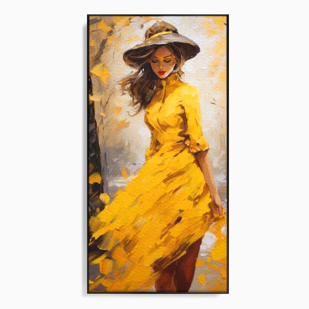 Tablou Canvas Premium, LuxCanva® G1121, Plimbare Prin Amintiri, Frunze, Galben, Toamna, Vant, Palarie, Vise, Eleganta, Natura, Romantism, Living, Dormitor