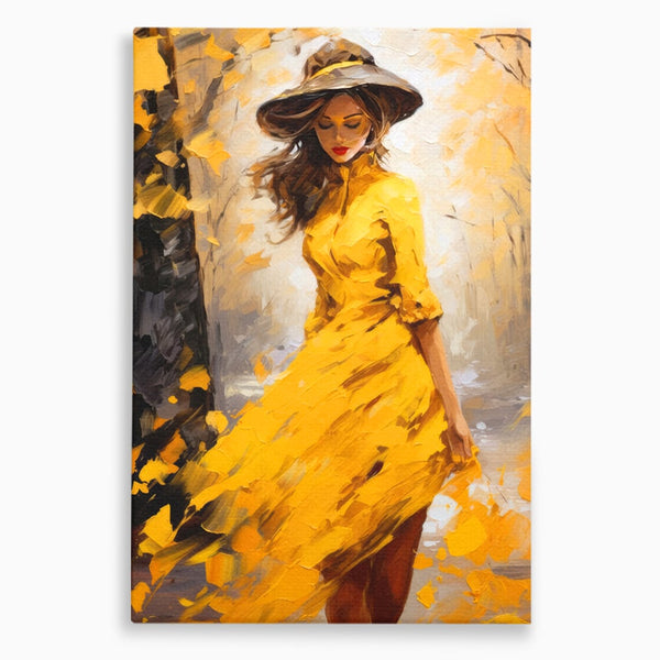 Tablou Canvas Premium, LuxCanva® G1121, Plimbare Prin Amintiri, Frunze, Galben, Toamna, Vant, Palarie, Vise, Eleganta, Natura, Romantism, Living, Dormitor