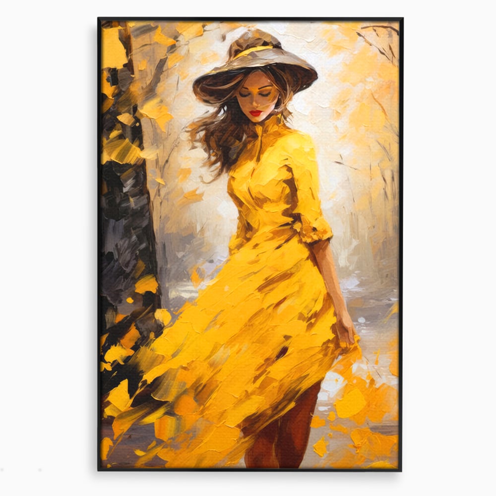 Tablou Canvas Premium, LuxCanva® G1121, Plimbare Prin Amintiri, Frunze, Galben, Toamna, Vant, Palarie, Vise, Eleganta, Natura, Romantism, Living, Dormitor