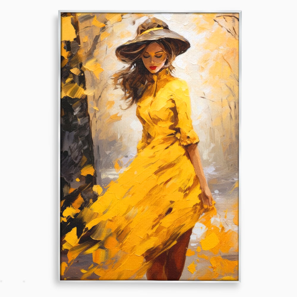 Tablou Canvas Premium, LuxCanva® G1121, Plimbare Prin Amintiri, Frunze, Galben, Toamna, Vant, Palarie, Vise, Eleganta, Natura, Romantism, Living, Dormitor