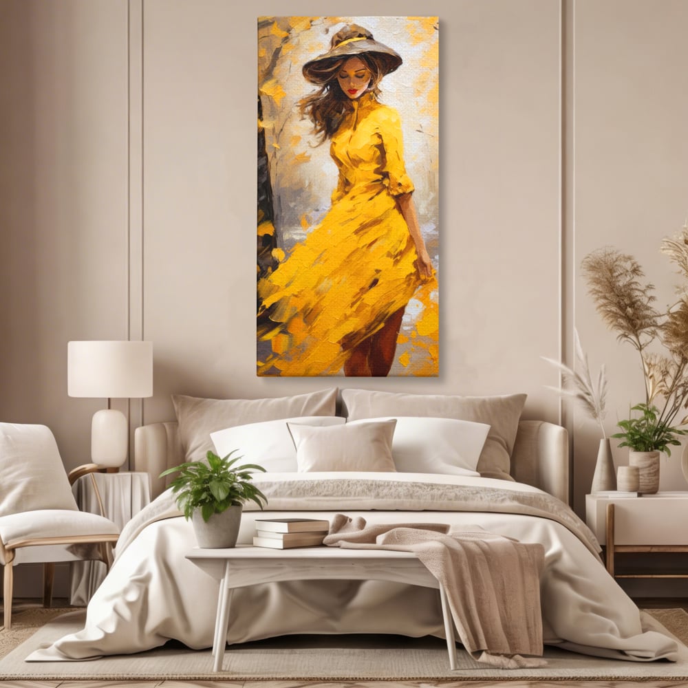 Tablou Canvas Premium, LuxCanva® G1121, Plimbare Prin Amintiri, Frunze, Galben, Toamna, Vant, Palarie, Vise, Eleganta, Natura, Romantism, Living, Dormitor
