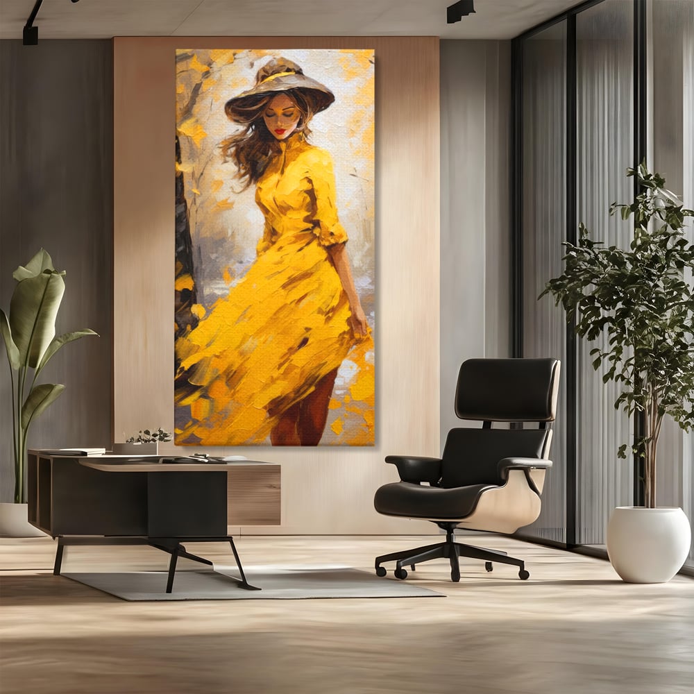 Tablou Canvas Premium, LuxCanva® G1121, Plimbare Prin Amintiri, Frunze, Galben, Toamna, Vant, Palarie, Vise, Eleganta, Natura, Romantism, Living, Dormitor