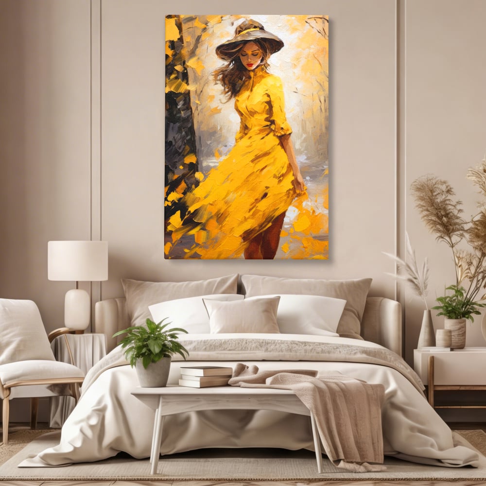Tablou Canvas Premium, LuxCanva® G1121, Plimbare Prin Amintiri, Frunze, Galben, Toamna, Vant, Palarie, Vise, Eleganta, Natura, Romantism, Living, Dormitor