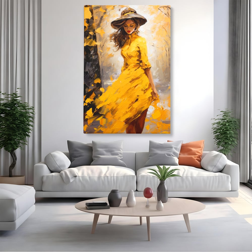 Tablou Canvas Premium, LuxCanva® G1121, Plimbare Prin Amintiri, Frunze, Galben, Toamna, Vant, Palarie, Vise, Eleganta, Natura, Romantism, Living, Dormitor