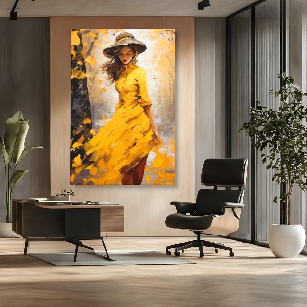 Tablou Canvas Premium, LuxCanva® G1121, Plimbare Prin Amintiri, Frunze, Galben, Toamna, Vant, Palarie, Vise, Eleganta, Natura, Romantism, Living, Dormitor