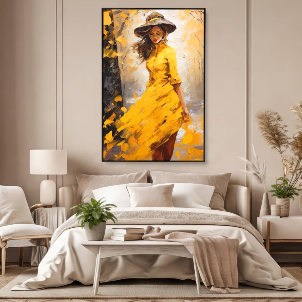 Tablou Canvas Premium, LuxCanva® G1121, Plimbare Prin Amintiri, Frunze, Galben, Toamna, Vant, Palarie, Vise, Eleganta, Natura, Romantism, Living, Dormitor