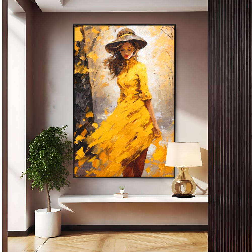 Tablou Canvas Premium, LuxCanva® G1121, Plimbare Prin Amintiri, Frunze, Galben, Toamna, Vant, Palarie, Vise, Eleganta, Natura, Romantism, Living, Dormitor
