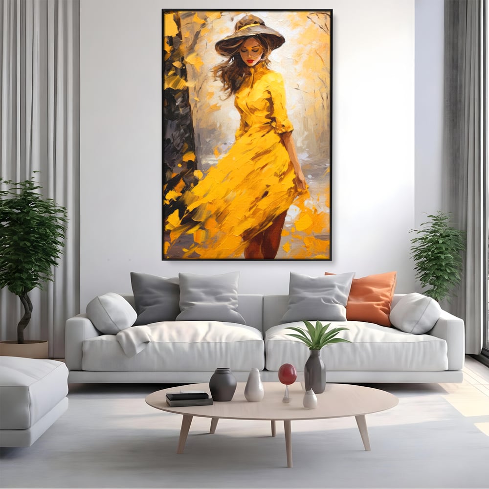 Tablou Canvas Premium, LuxCanva® G1121, Plimbare Prin Amintiri, Frunze, Galben, Toamna, Vant, Palarie, Vise, Eleganta, Natura, Romantism, Living, Dormitor