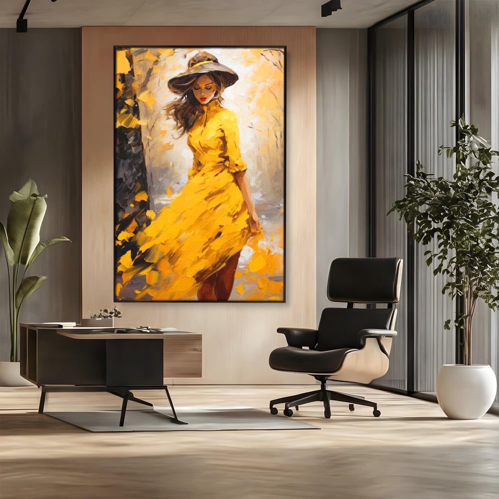 Tablou Canvas Premium, LuxCanva® G1121, Plimbare Prin Amintiri, Frunze, Galben, Toamna, Vant, Palarie, Vise, Eleganta, Natura, Romantism, Living, Dormitor
