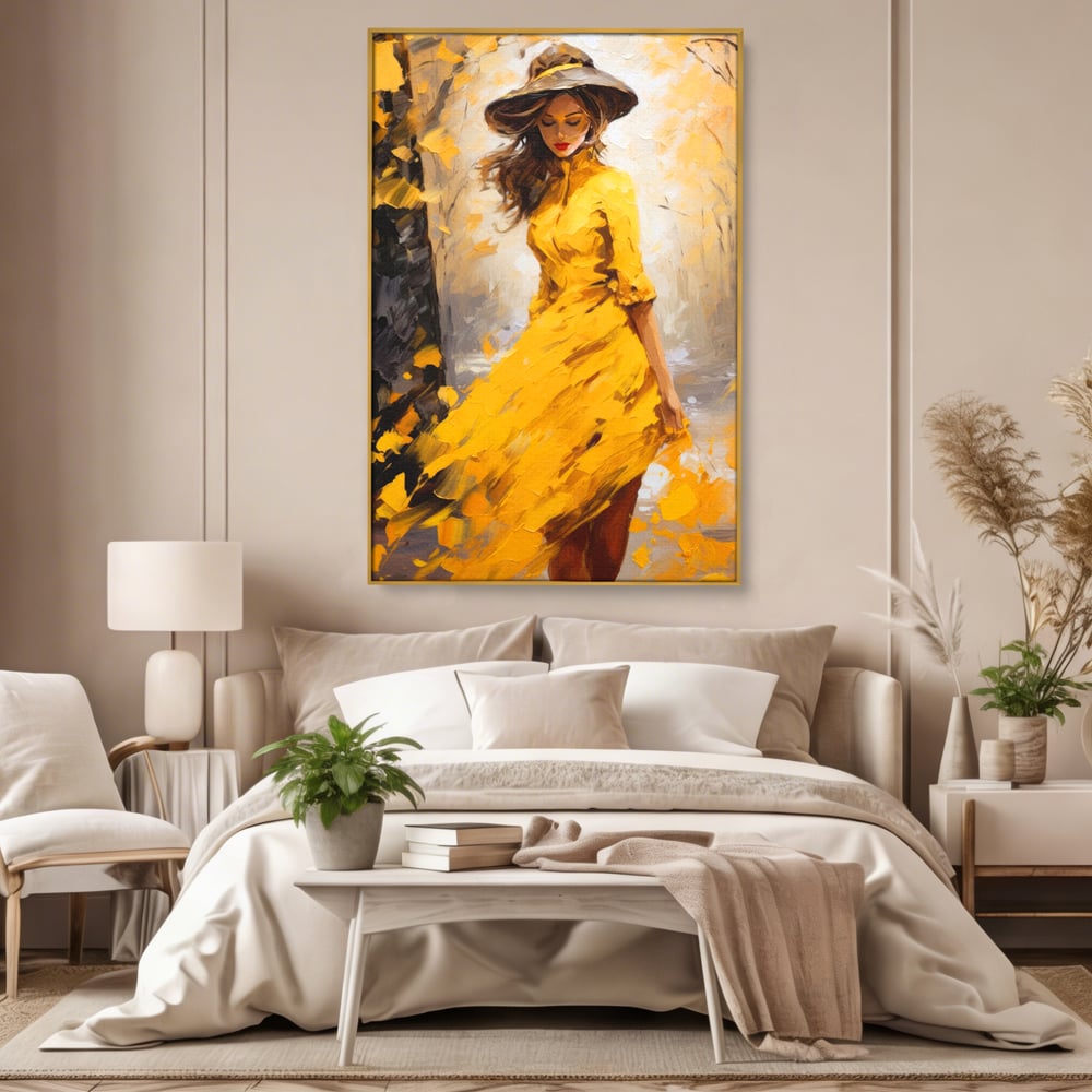 Tablou Canvas Premium, LuxCanva® G1121, Plimbare Prin Amintiri, Frunze, Galben, Toamna, Vant, Palarie, Vise, Eleganta, Natura, Romantism, Living, Dormitor