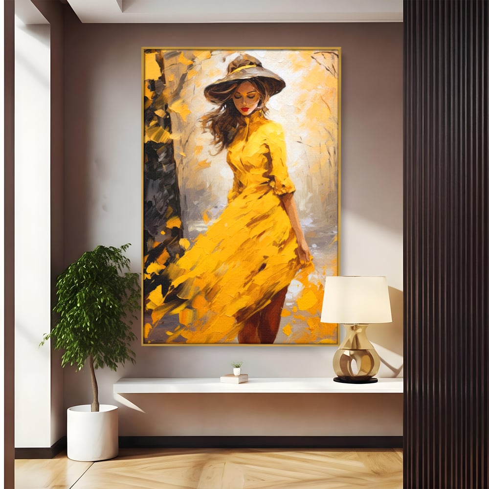 Tablou Canvas Premium, LuxCanva® G1121, Plimbare Prin Amintiri, Frunze, Galben, Toamna, Vant, Palarie, Vise, Eleganta, Natura, Romantism, Living, Dormitor