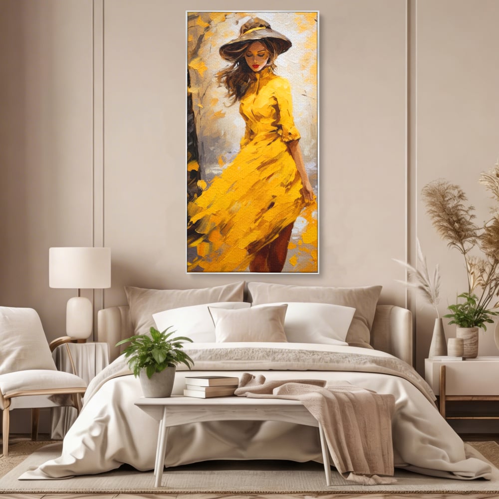 Tablou Canvas Premium, LuxCanva® G1121, Plimbare Prin Amintiri, Frunze, Galben, Toamna, Vant, Palarie, Vise, Eleganta, Natura, Romantism, Living, Dormitor