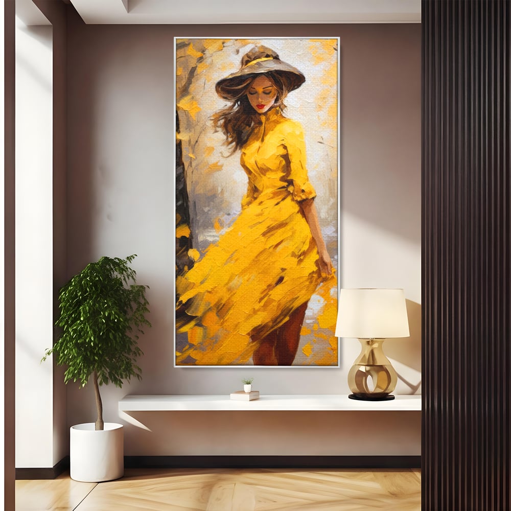 Tablou Canvas Premium, LuxCanva® G1121, Plimbare Prin Amintiri, Frunze, Galben, Toamna, Vant, Palarie, Vise, Eleganta, Natura, Romantism, Living, Dormitor