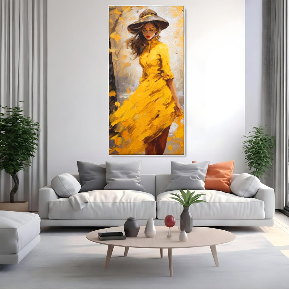 Tablou Canvas Premium, LuxCanva® G1121, Plimbare Prin Amintiri, Frunze, Galben, Toamna, Vant, Palarie, Vise, Eleganta, Natura, Romantism, Living, Dormitor