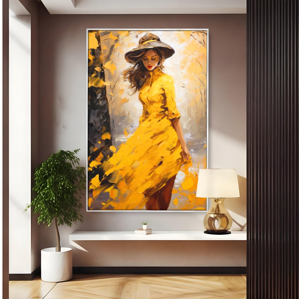Tablou Canvas Premium, LuxCanva® G1121, Plimbare Prin Amintiri, Frunze, Galben, Toamna, Vant, Palarie, Vise, Eleganta, Natura, Romantism, Living, Dormitor
