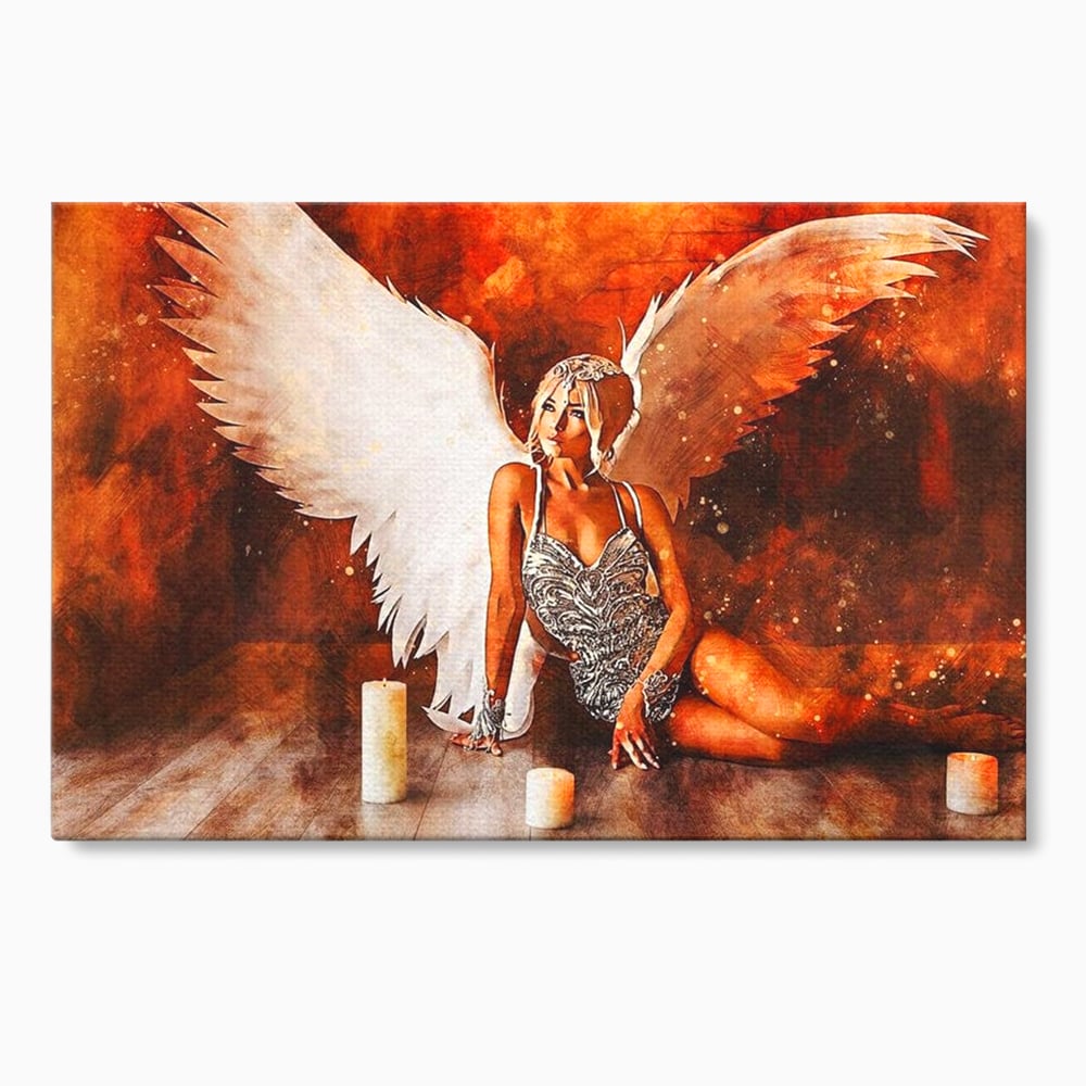 Tablou Canvas Premium, LuxCanva® G1122, Ingerul Seductiei, Inger, Aripi, Foc, Mister, Lumanari, Divin, Aura, Dramatic, Flacari, Gratie, Lumina, Living, Dormitor