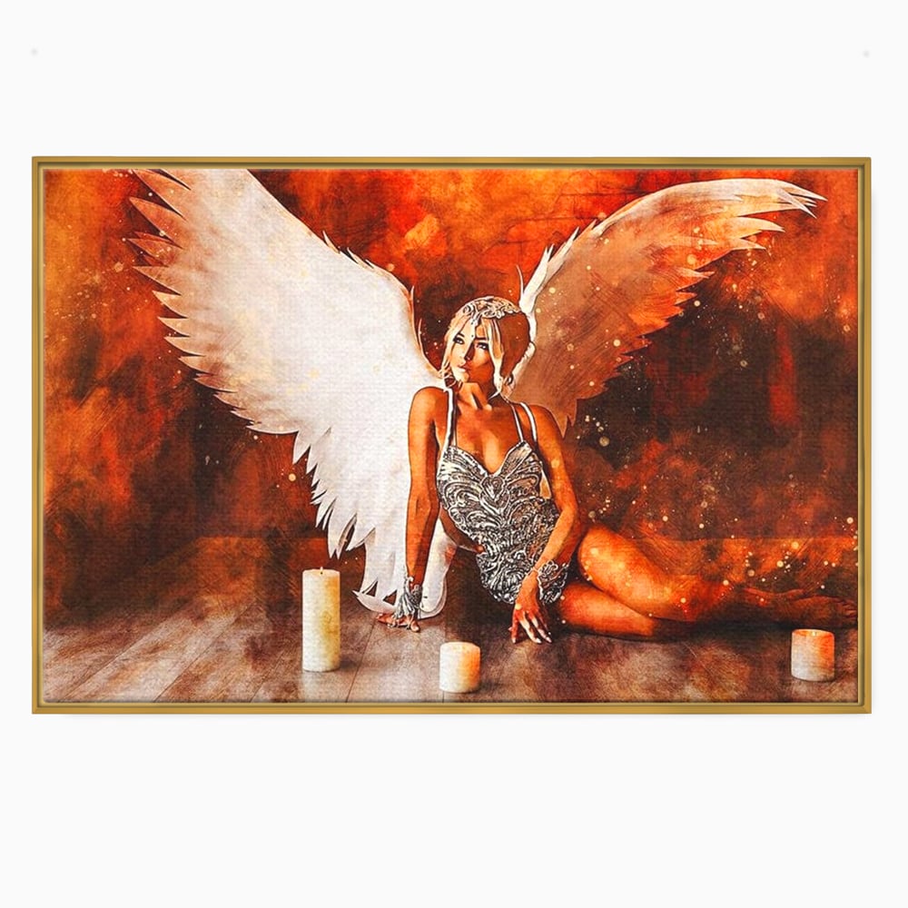 Tablou Canvas Premium, LuxCanva® G1122, Ingerul Seductiei, Inger, Aripi, Foc, Mister, Lumanari, Divin, Aura, Dramatic, Flacari, Gratie, Lumina, Living, Dormitor