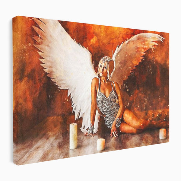 Tablou Canvas Premium, LuxCanva® G1122, Ingerul Seductiei, Inger, Aripi, Foc, Mister, Lumanari, Divin, Aura, Dramatic, Flacari, Gratie, Lumina, Living, Dormitor