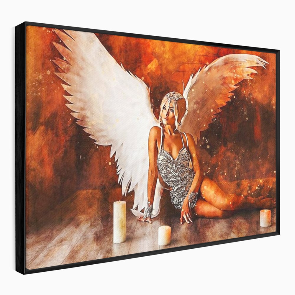 Tablou Canvas Premium, LuxCanva® G1122, Ingerul Seductiei, Inger, Aripi, Foc, Mister, Lumanari, Divin, Aura, Dramatic, Flacari, Gratie, Lumina, Living, Dormitor