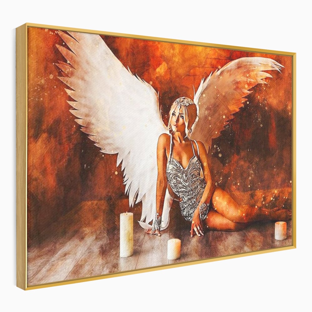 Tablou Canvas Premium, LuxCanva® G1122, Ingerul Seductiei, Inger, Aripi, Foc, Mister, Lumanari, Divin, Aura, Dramatic, Flacari, Gratie, Lumina, Living, Dormitor