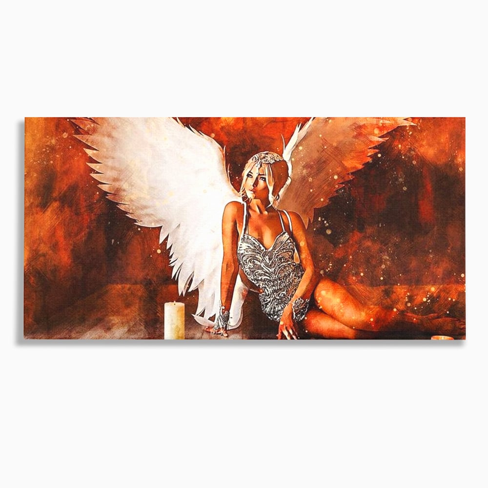 Tablou Canvas Premium, LuxCanva® G1122, Ingerul Seductiei, Inger, Aripi, Foc, Mister, Lumanari, Divin, Aura, Dramatic, Flacari, Gratie, Lumina, Living, Dormitor