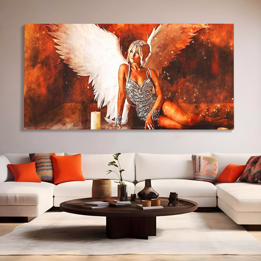 Tablou Canvas Premium, LuxCanva® G1122, Ingerul Seductiei, Inger, Aripi, Foc, Mister, Lumanari, Divin, Aura, Dramatic, Flacari, Gratie, Lumina, Living, Dormitor