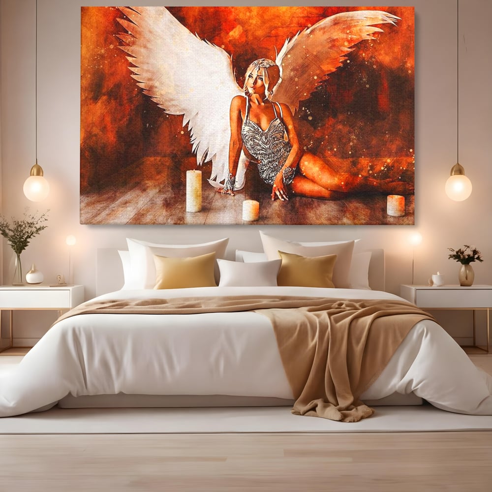 Tablou Canvas Premium, LuxCanva® G1122, Ingerul Seductiei, Inger, Aripi, Foc, Mister, Lumanari, Divin, Aura, Dramatic, Flacari, Gratie, Lumina, Living, Dormitor