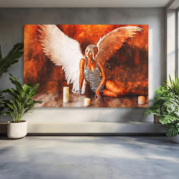 Tablou Canvas Premium, LuxCanva® G1122, Ingerul Seductiei, Inger, Aripi, Foc, Mister, Lumanari, Divin, Aura, Dramatic, Flacari, Gratie, Lumina, Living, Dormitor
