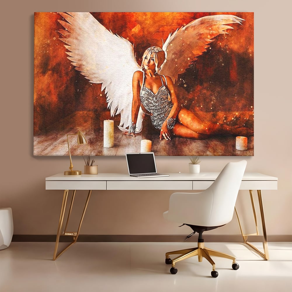 Tablou Canvas Premium, LuxCanva® G1122, Ingerul Seductiei, Inger, Aripi, Foc, Mister, Lumanari, Divin, Aura, Dramatic, Flacari, Gratie, Lumina, Living, Dormitor