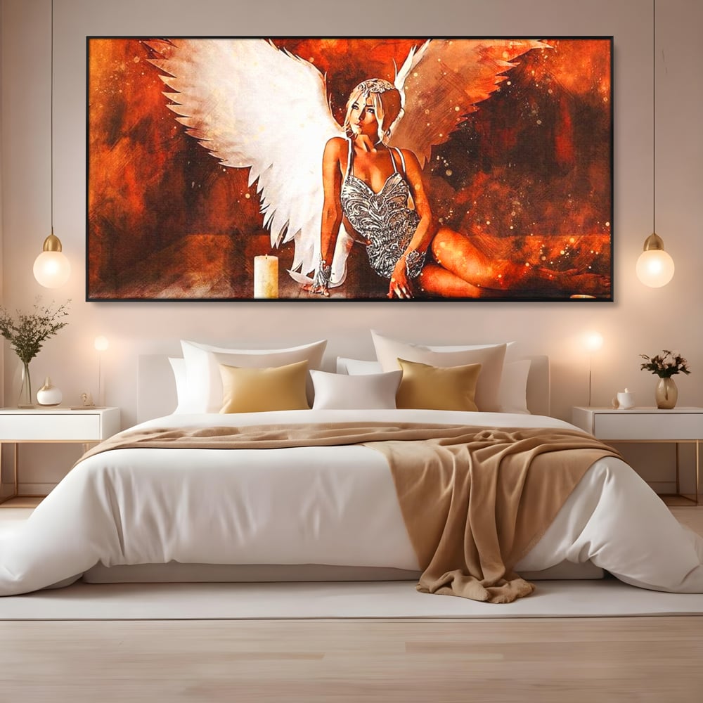 Tablou Canvas Premium, LuxCanva® G1122, Ingerul Seductiei, Inger, Aripi, Foc, Mister, Lumanari, Divin, Aura, Dramatic, Flacari, Gratie, Lumina, Living, Dormitor