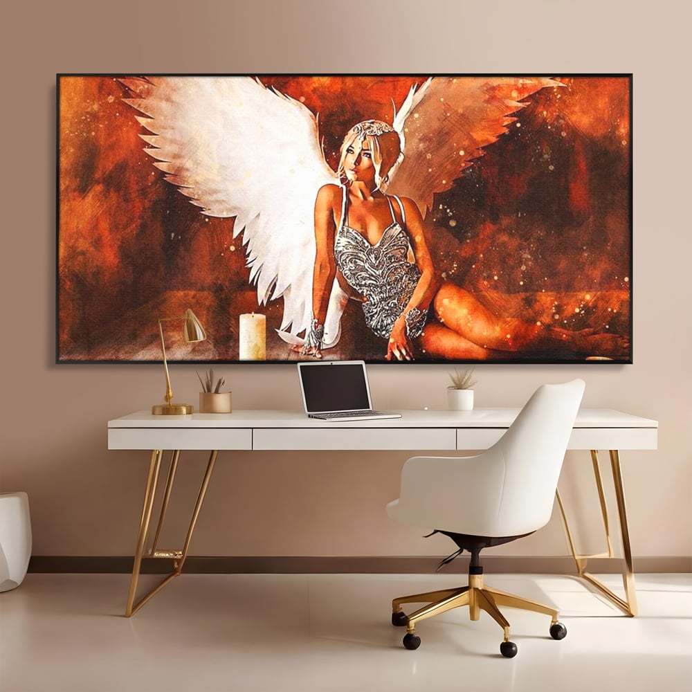 Tablou Canvas Premium, LuxCanva® G1122, Ingerul Seductiei, Inger, Aripi, Foc, Mister, Lumanari, Divin, Aura, Dramatic, Flacari, Gratie, Lumina, Living, Dormitor