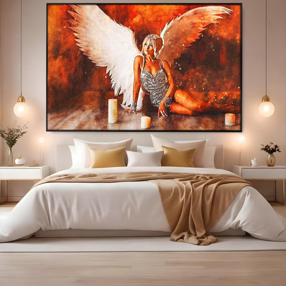 Tablou Canvas Premium, LuxCanva® G1122, Ingerul Seductiei, Inger, Aripi, Foc, Mister, Lumanari, Divin, Aura, Dramatic, Flacari, Gratie, Lumina, Living, Dormitor