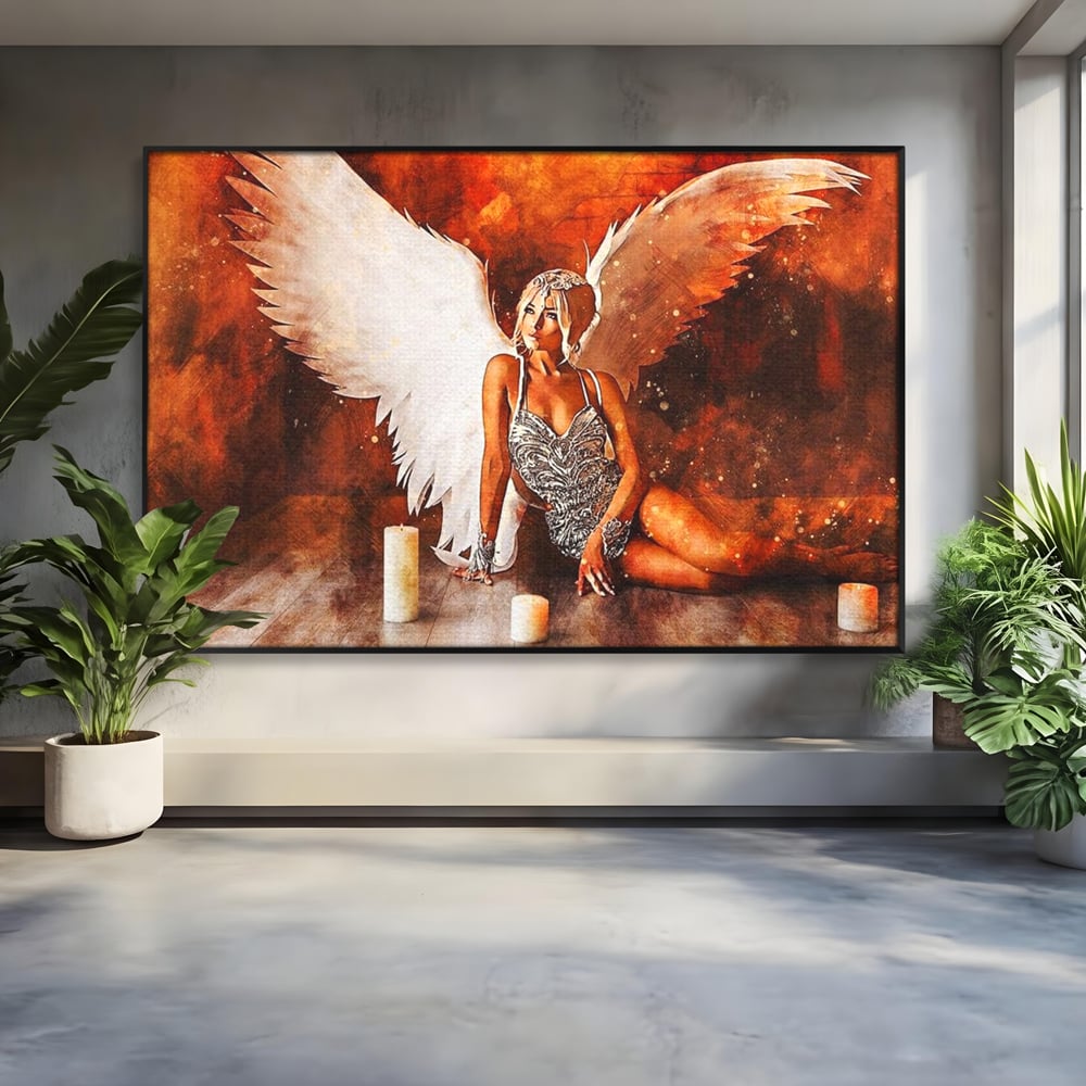 Tablou Canvas Premium, LuxCanva® G1122, Ingerul Seductiei, Inger, Aripi, Foc, Mister, Lumanari, Divin, Aura, Dramatic, Flacari, Gratie, Lumina, Living, Dormitor