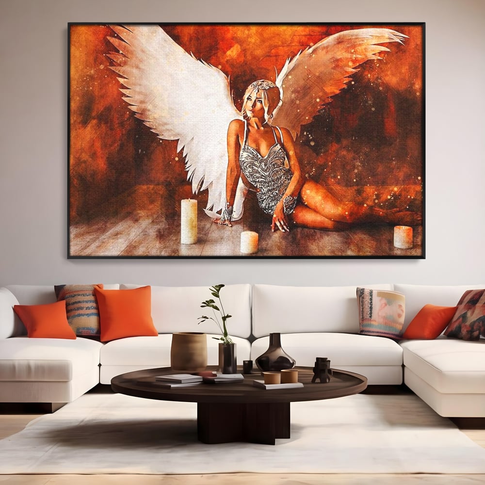 Tablou Canvas Premium, LuxCanva® G1122, Ingerul Seductiei, Inger, Aripi, Foc, Mister, Lumanari, Divin, Aura, Dramatic, Flacari, Gratie, Lumina, Living, Dormitor