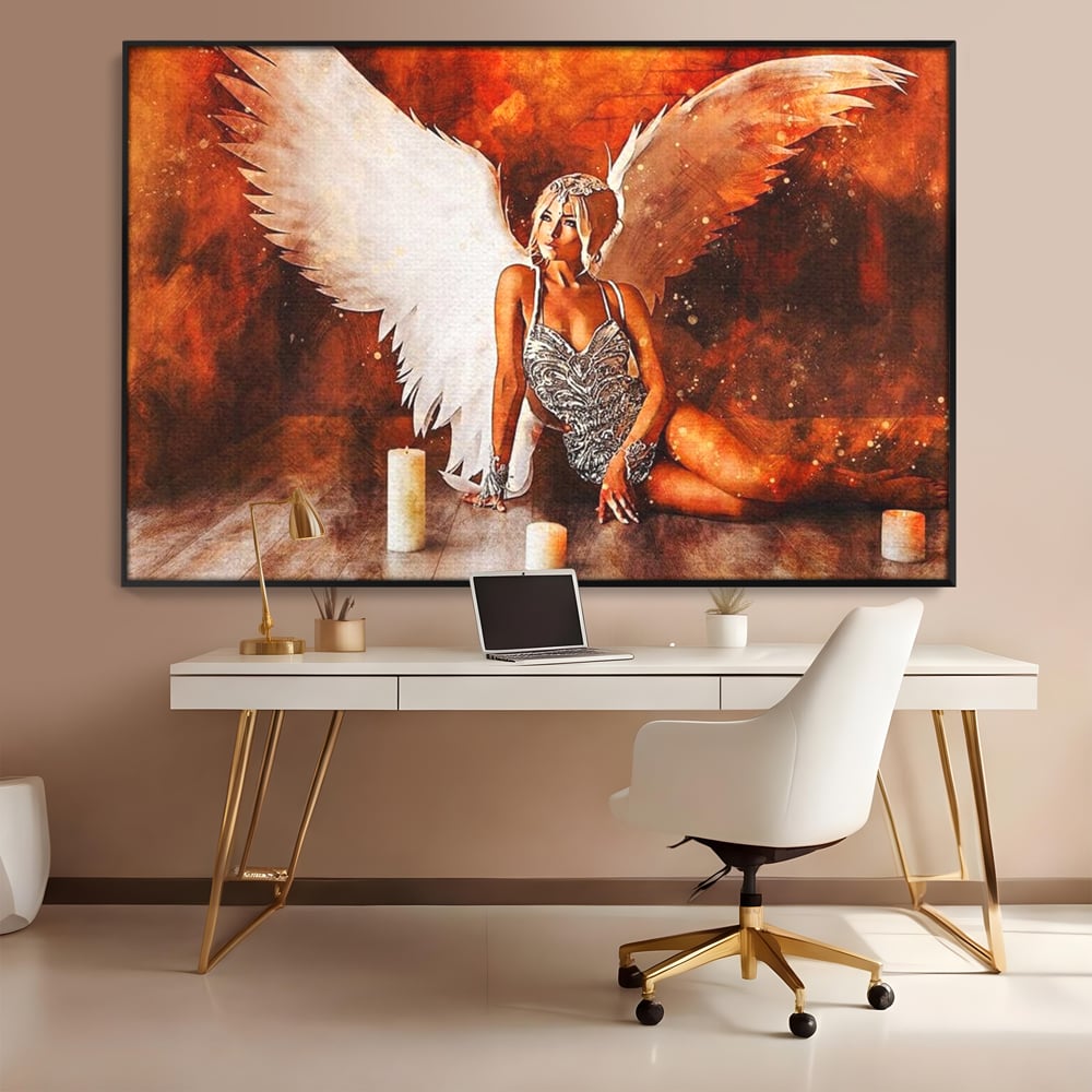 Tablou Canvas Premium, LuxCanva® G1122, Ingerul Seductiei, Inger, Aripi, Foc, Mister, Lumanari, Divin, Aura, Dramatic, Flacari, Gratie, Lumina, Living, Dormitor