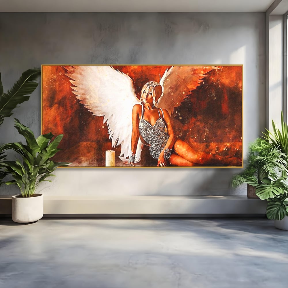 Tablou Canvas Premium, LuxCanva® G1122, Ingerul Seductiei, Inger, Aripi, Foc, Mister, Lumanari, Divin, Aura, Dramatic, Flacari, Gratie, Lumina, Living, Dormitor