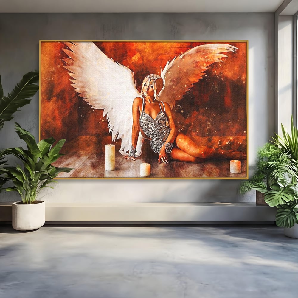 Tablou Canvas Premium, LuxCanva® G1122, Ingerul Seductiei, Inger, Aripi, Foc, Mister, Lumanari, Divin, Aura, Dramatic, Flacari, Gratie, Lumina, Living, Dormitor