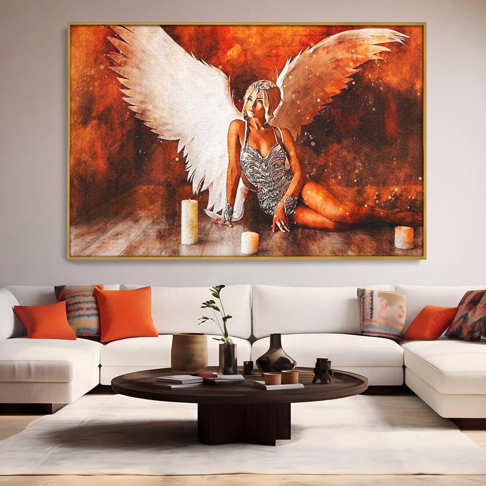 Tablou Canvas Premium, LuxCanva® G1122, Ingerul Seductiei, Inger, Aripi, Foc, Mister, Lumanari, Divin, Aura, Dramatic, Flacari, Gratie, Lumina, Living, Dormitor