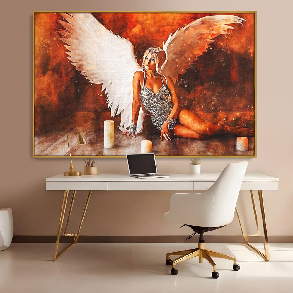 Tablou Canvas Premium, LuxCanva® G1122, Ingerul Seductiei, Inger, Aripi, Foc, Mister, Lumanari, Divin, Aura, Dramatic, Flacari, Gratie, Lumina, Living, Dormitor