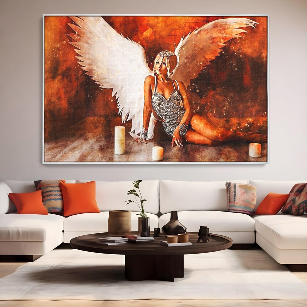 Tablou Canvas Premium, LuxCanva® G1122, Ingerul Seductiei, Inger, Aripi, Foc, Mister, Lumanari, Divin, Aura, Dramatic, Flacari, Gratie, Lumina, Living, Dormitor