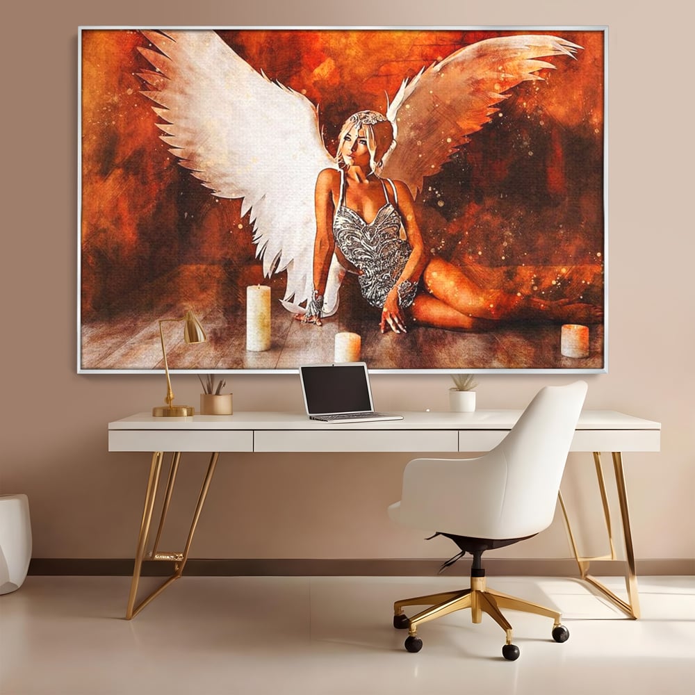 Tablou Canvas Premium, LuxCanva® G1122, Ingerul Seductiei, Inger, Aripi, Foc, Mister, Lumanari, Divin, Aura, Dramatic, Flacari, Gratie, Lumina, Living, Dormitor